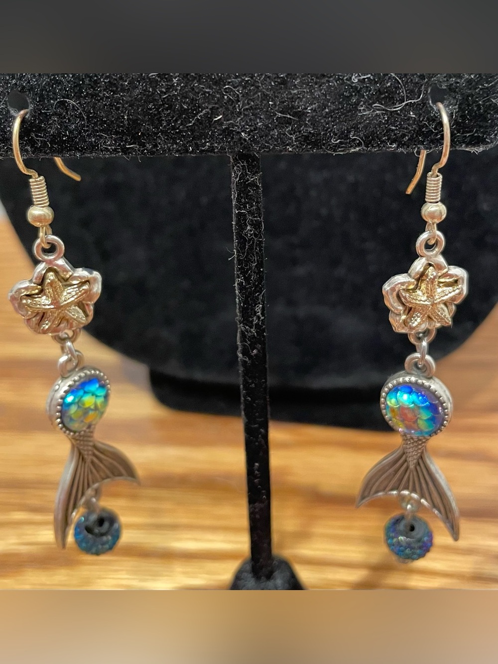 Silver Mermaid Tail Drop Earrings with Iridescent Blue Accents Excellent shape